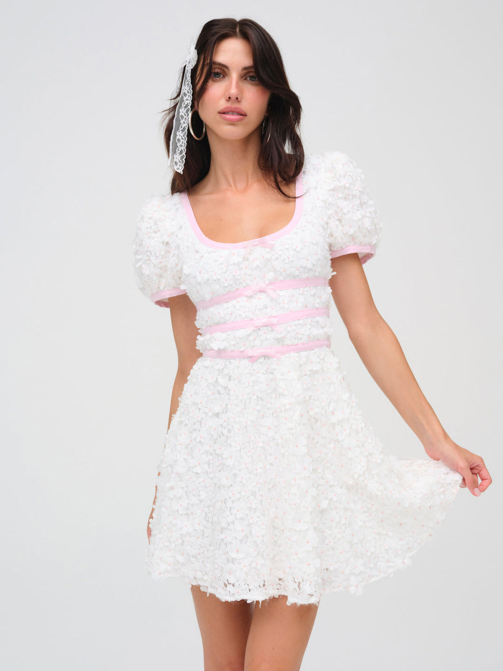 Stacked Blossom Lace Mini Dress — White