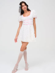 Stacked Blossom Lace Mini Dress — White