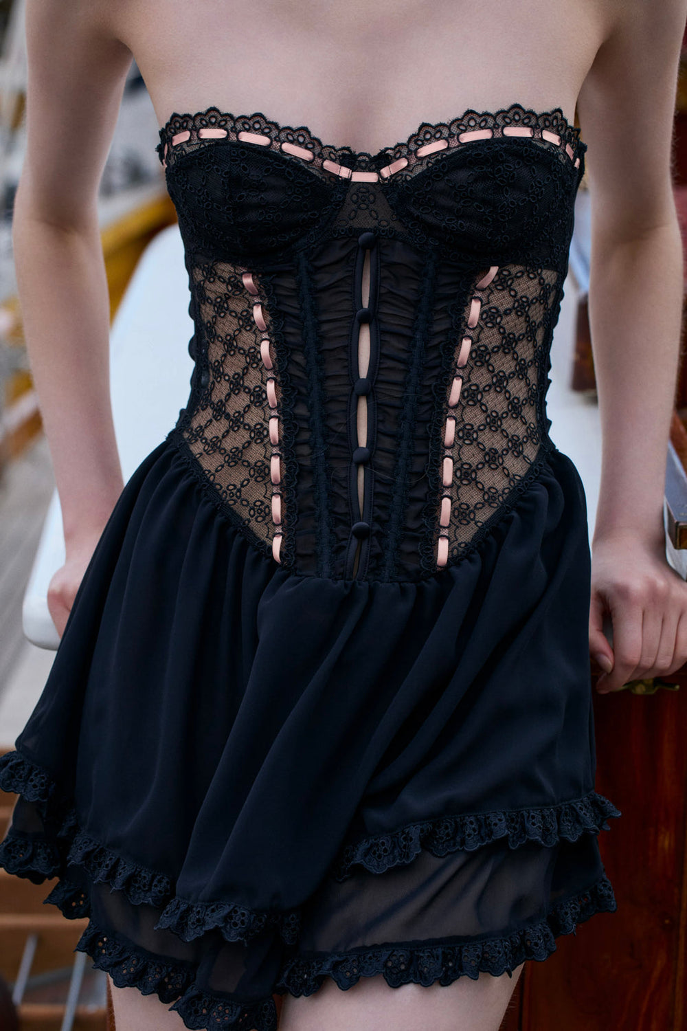 Elena Eyelet Slip Dress — Black