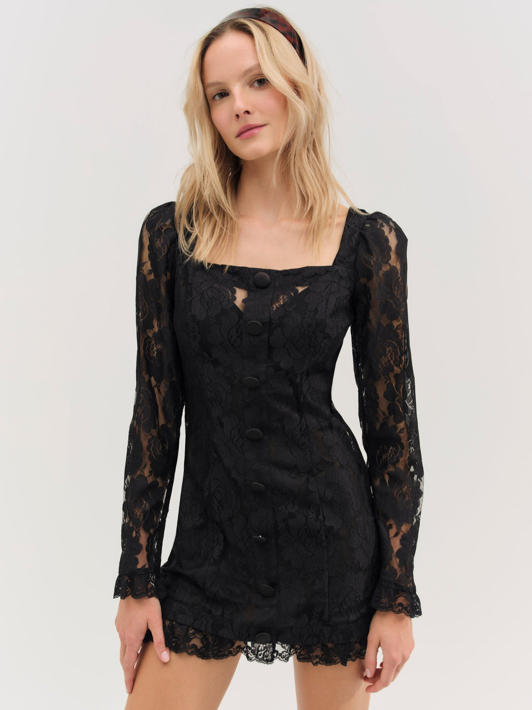 Claudia Rose Lace Long Sleeve Mini Dress — Black