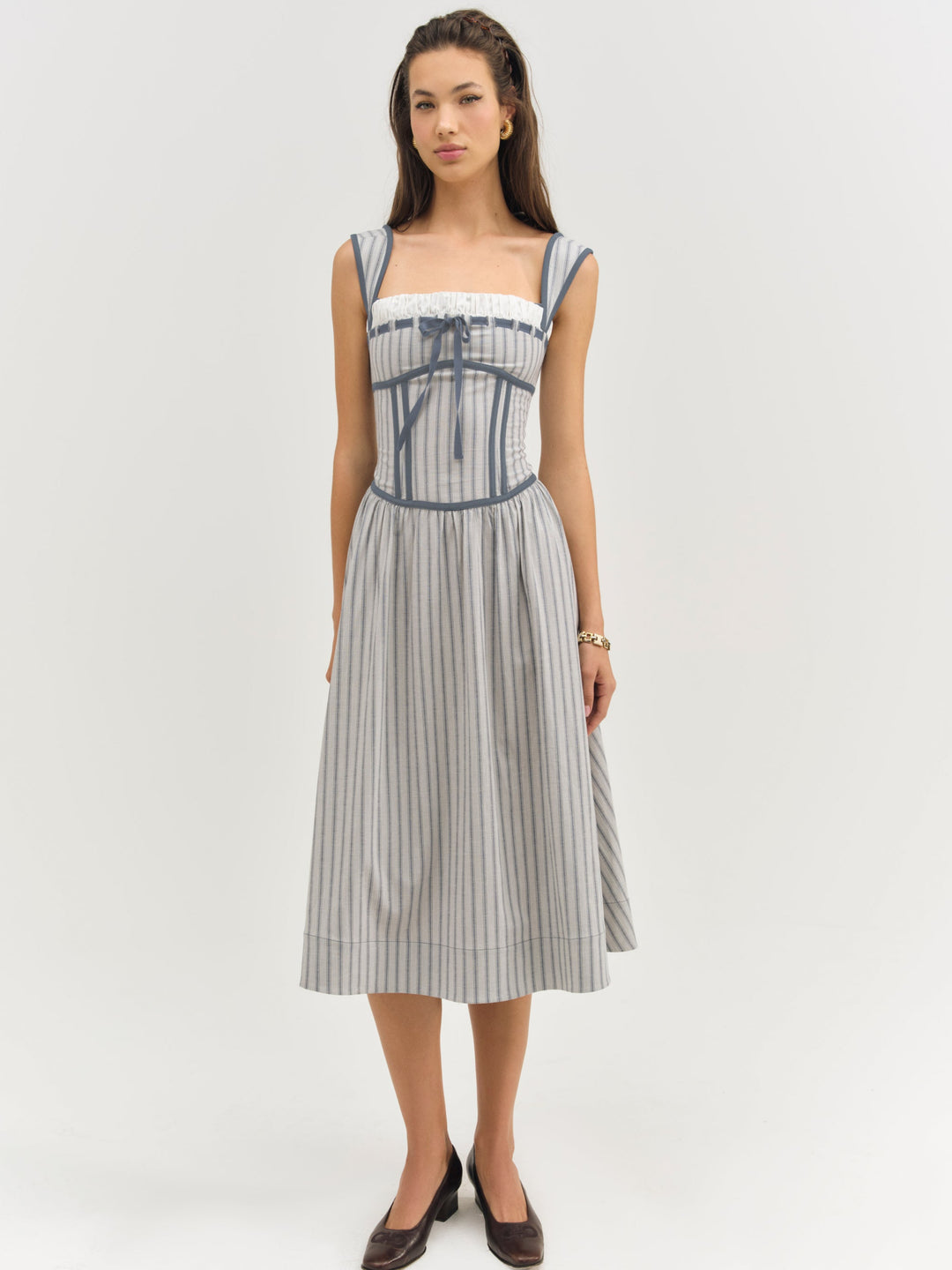 Linen Stripe Midi Dress — Blue