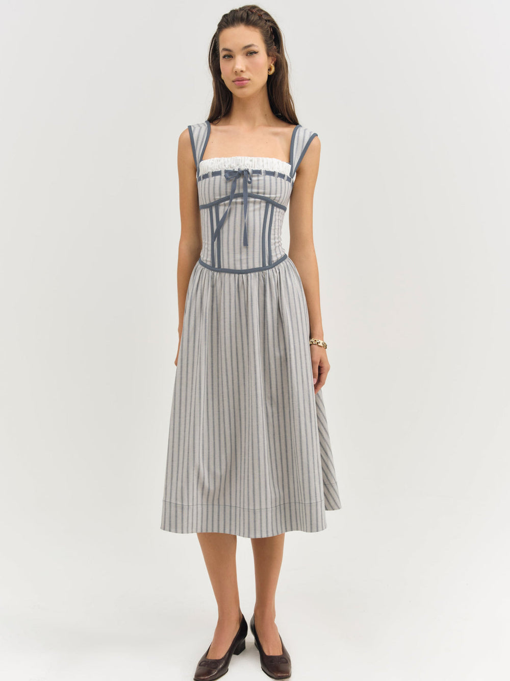 Linen Stripe Midi Dress — Blue