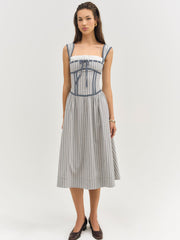Linen Stripe Midi Dress — Blue