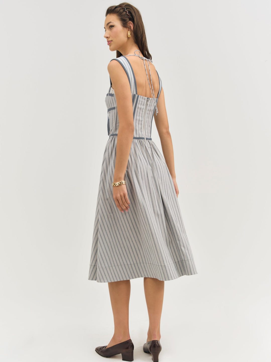 Linen Stripe Midi Dress — Blue