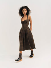 University Plaid Midi Dress — Brown