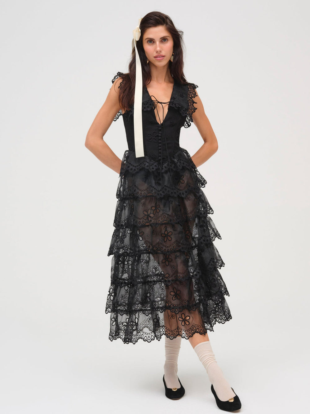 Daisy Eyelet Midi Dress — Black