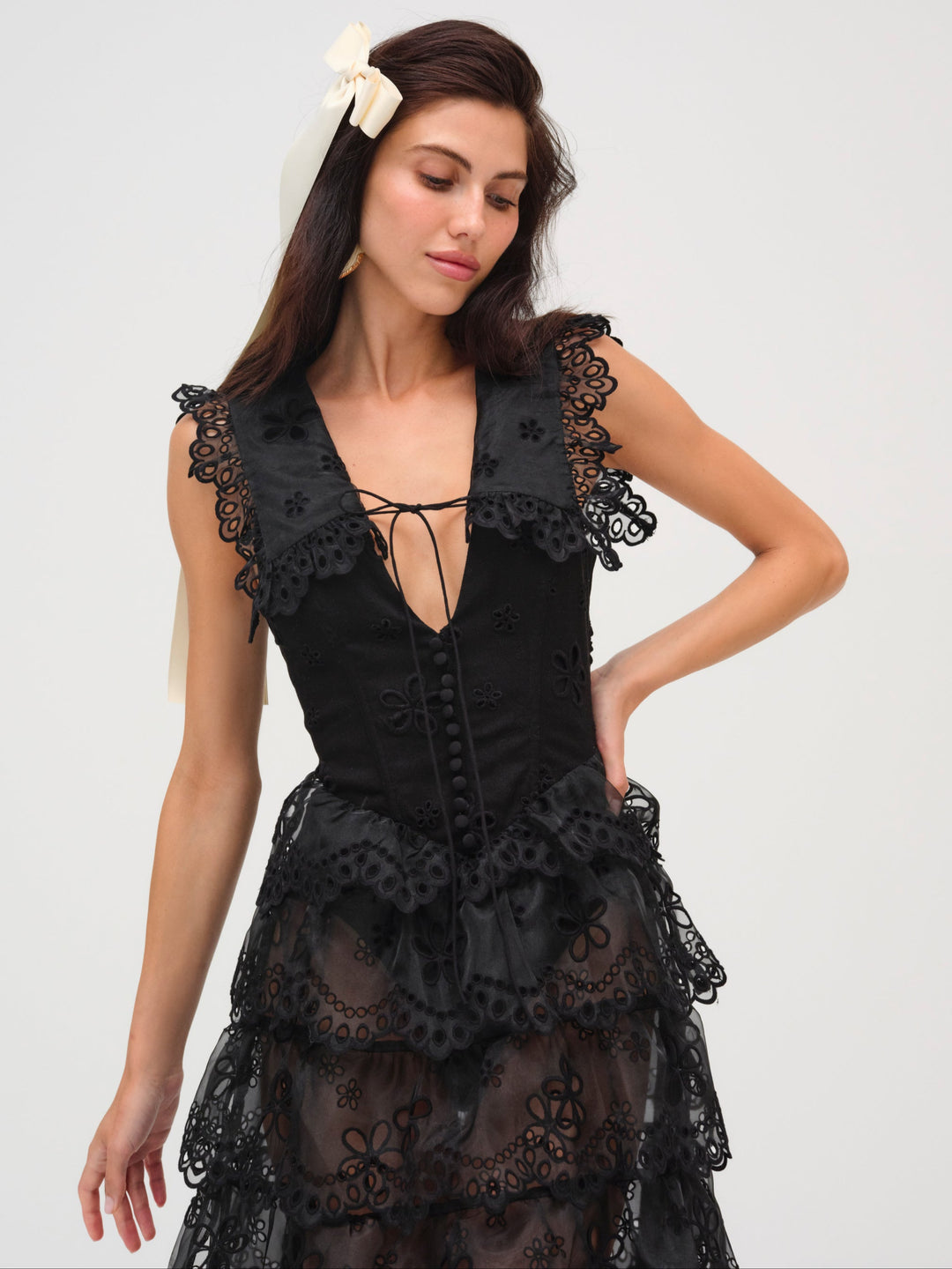 Daisy Eyelet Midi Dress — Black