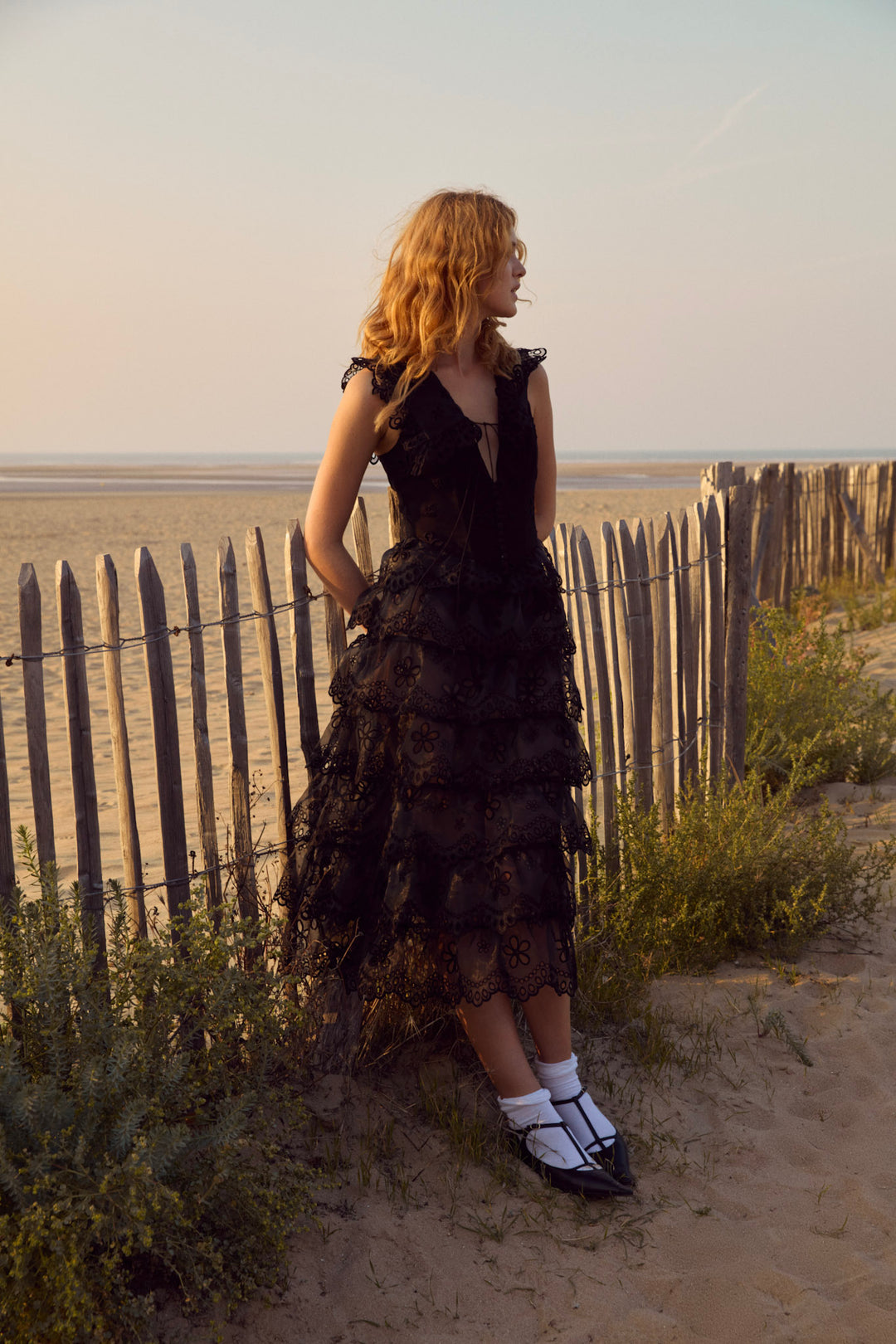 Daisy Eyelet Midi Dress — Black