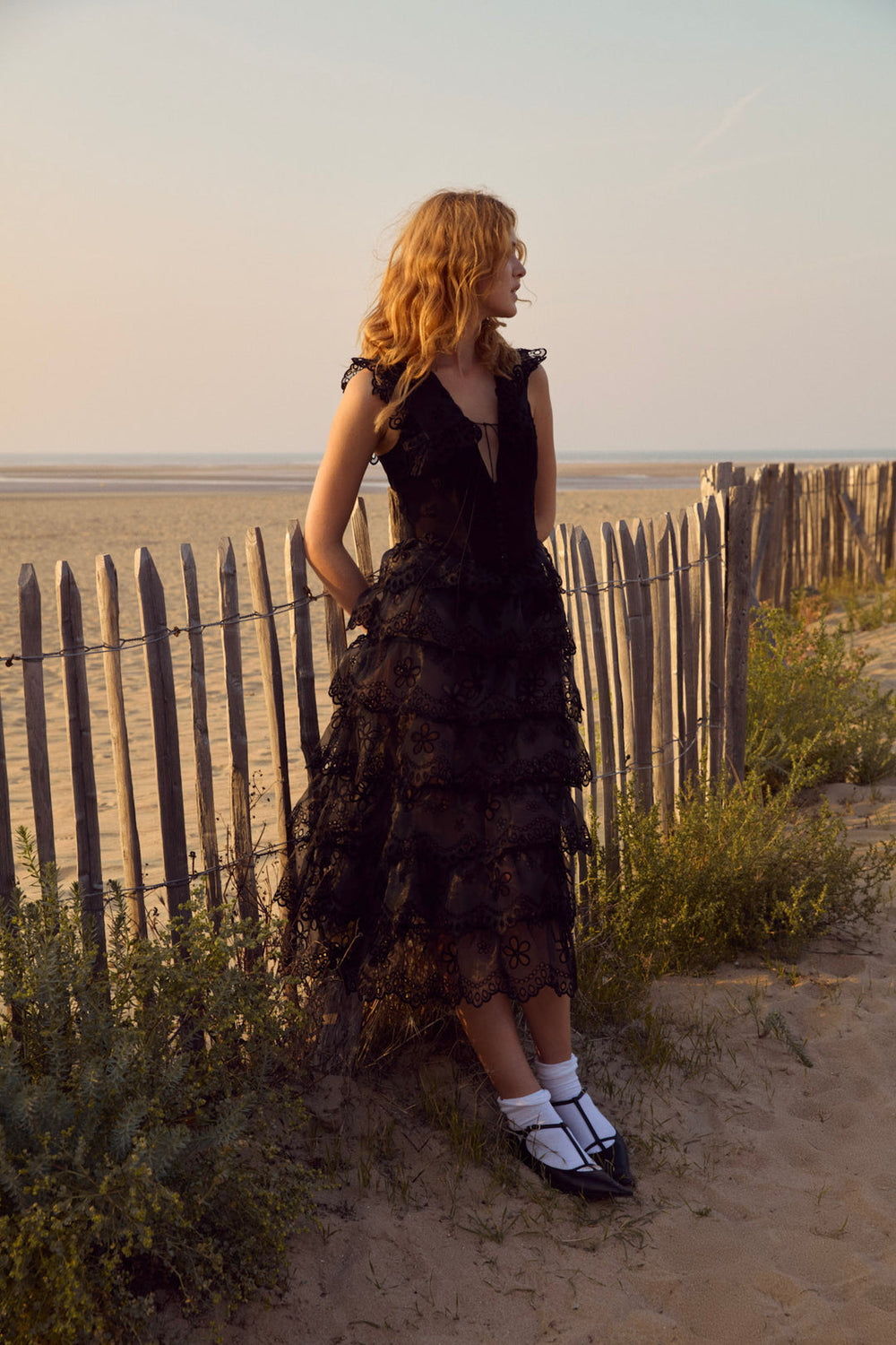 Daisy Eyelet Midi Dress — Black