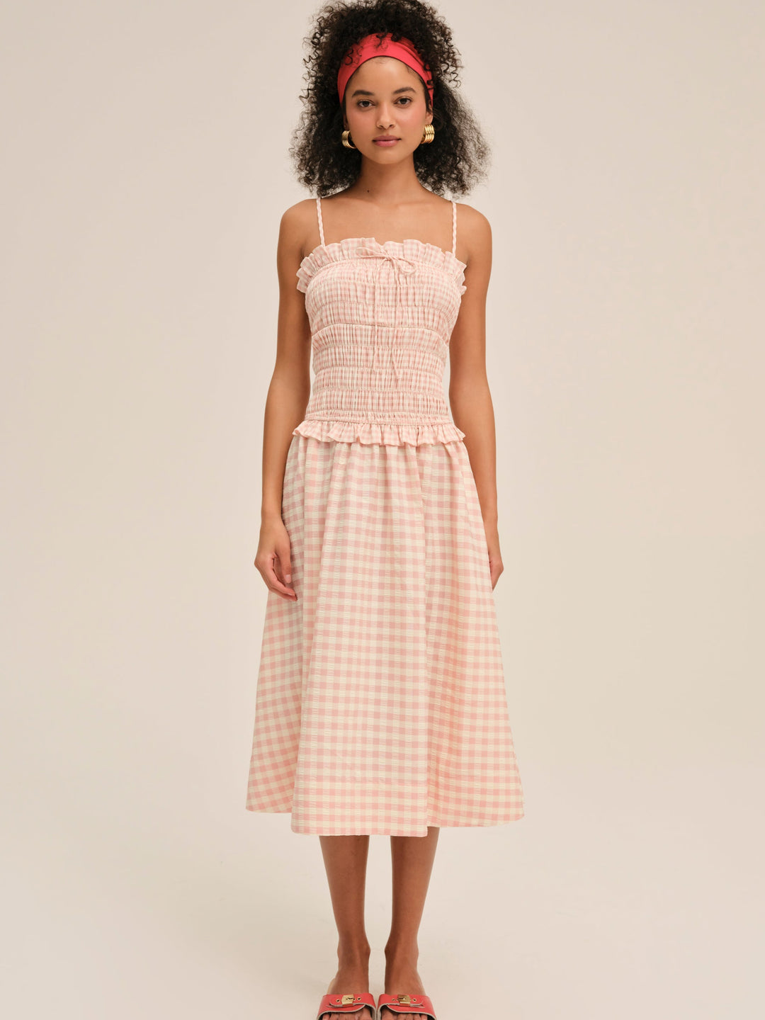 Petal Gingham Midi Dress — Peach